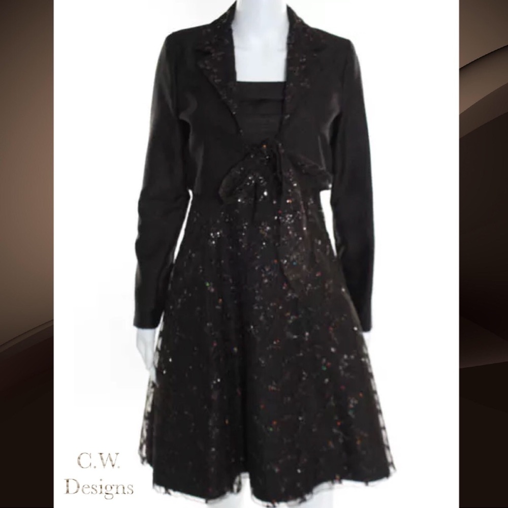 CW DESIGNS Brown Sequin Mesh 2Piece Dress Jacket